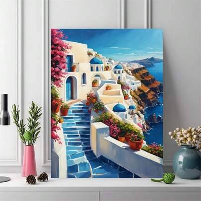 Diamantmålningsset för kustby i Santorini, Grekland, med 5D rund borr, ramlös kristallstrasskonst, medelhavsblå kupol och blomstertrappa, gör-det-själ (40*50 Ramlös,30*40 Ramlös,20*30 Ramlös)