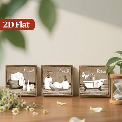 2D platt 3-delat beige träskyltsätt för badrum, tryckt med badkar- och spascener, väggdekor i lantstil, badrumsdekoration och tillbehör, heminredning, - Multifärgad (En-Storlek)