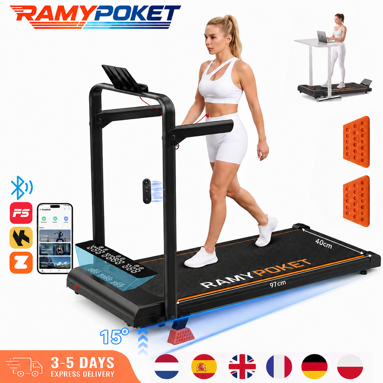 Ramypoket Foldable Walking Pad 15% Incline,Treadmill 12Km/H,App/Led,Office Walking Pad 150kg Max Load