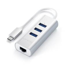 USB-C hubb av aluminium - 3 portar USB 3.0 + Nätverk (RJ45) - Silver