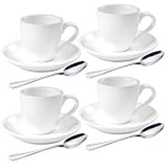 homEdge Espresso shotkopp i porslin med fat och skedar i rostfritt stål – 80 ml/2,9 oz, set med 4, vit