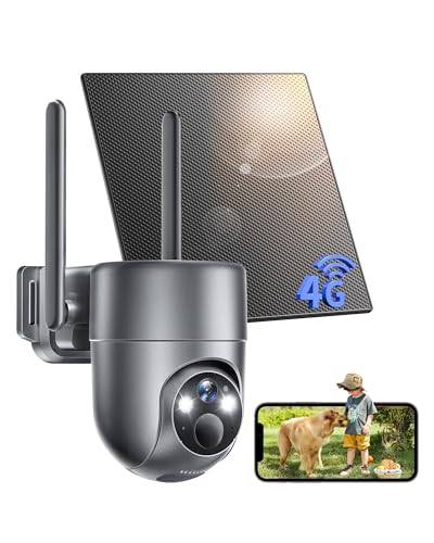 NUASI 4G LTE utomhuskamera med solpanel och trådlöst SIM, 2K kamera med solpanel och batteri, 360° PTZ, färgmörkerseende, PIR-detektering, tvåvägsljud, IP66, utan WiFi