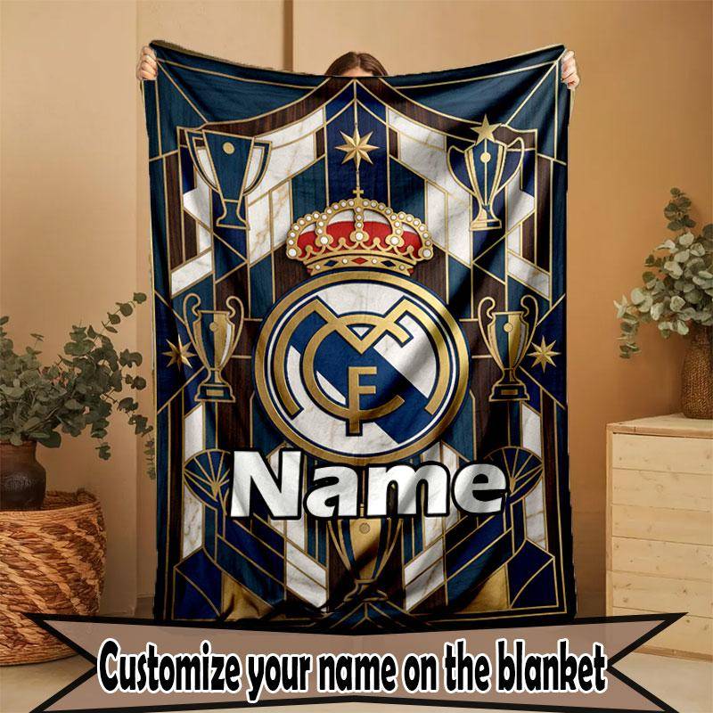 Custom Name Personalized Real Madrid Football Print Blanket, Home Decor, Bedroom, Sofa, Camping, Couch, Gifts for Birthday Christmas