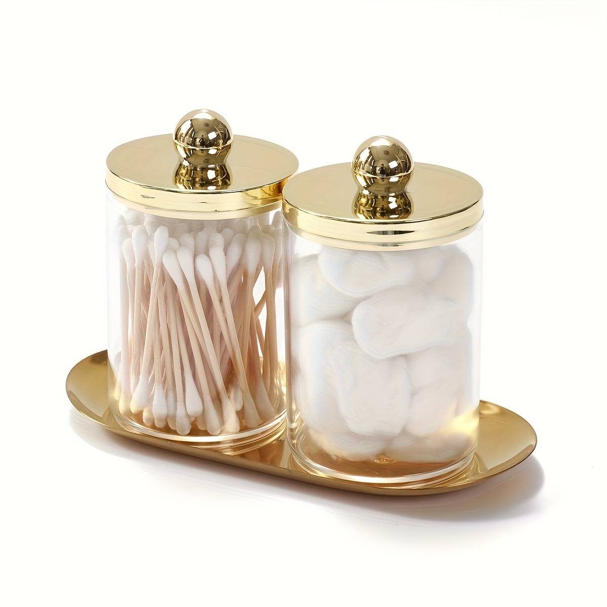 TEMU Qtip Holder Bathroom Set With Tray Acrylic Plastic Apothecary Jars Qtip Dispenser Canister With Lid Vanity Tray, For Ball, Swab