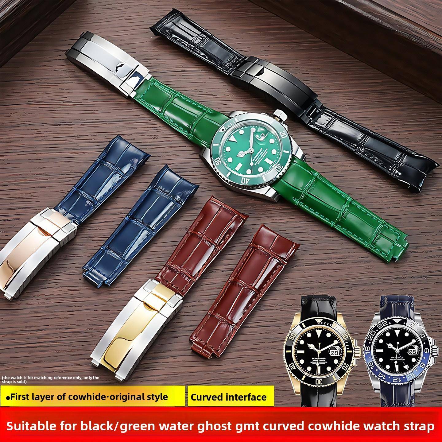 Original Stil Böjd Ände Klockarmband 20mm För Rolex Vattenspöke Äkta Läder klockarmband GMT Submariner Daytona herrarmband