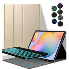 YGoal Tangentbordsfodral för Galaxy Tab S7 FE 12.4, [7 färger bakgrundsbelysning] trådlöst tangentbord PU-läder tangentbordsstativ fodral för Samsung Galaxy Tab S7 FE SM-T730/T736 12.4, guld