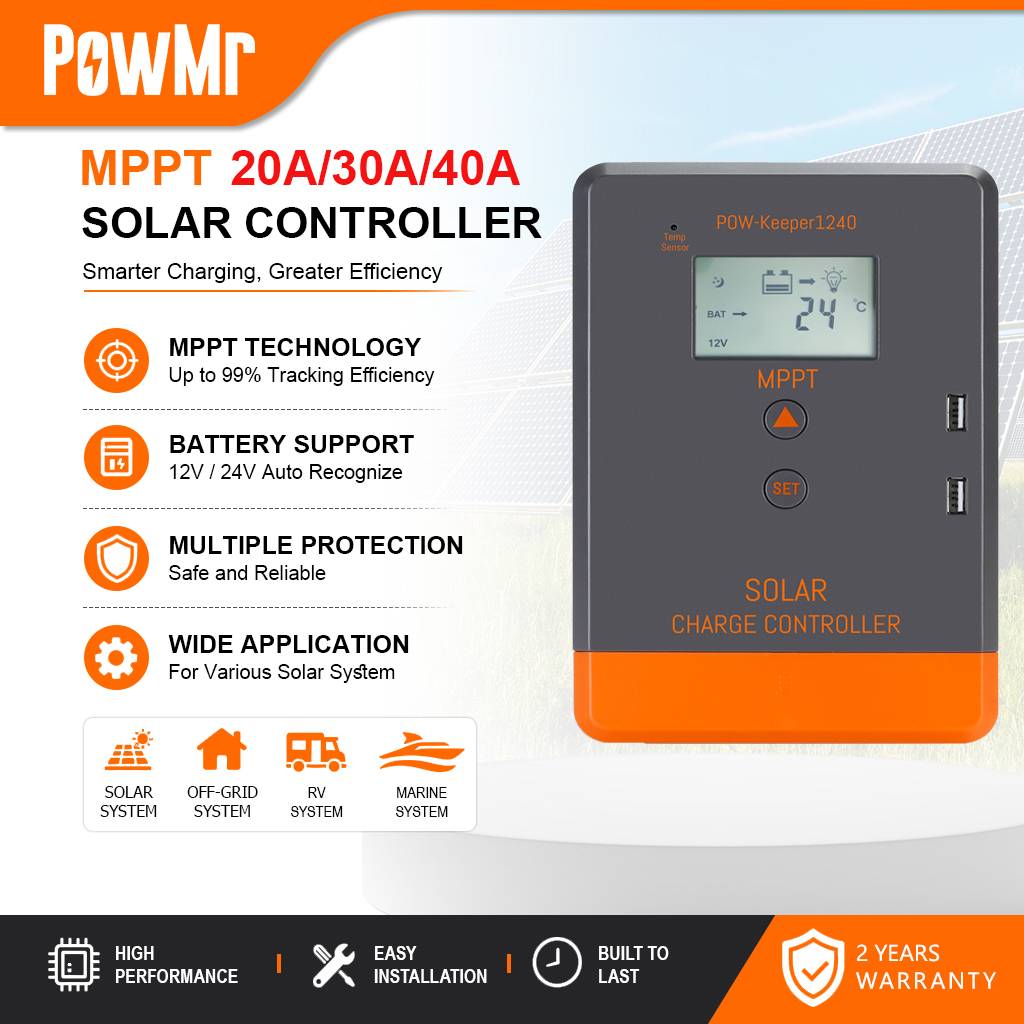PowMr Top-sale MPPT 20A/30A/40A Solar Charge Controller Keeper Series 12V 24V Auto PV Regulator Support LiFePO4 Lithium Gel Flooded Battery LCD Display USB Output Solar Panel Charger for Home Solar