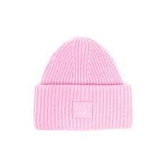 Acne Studios - ribbstickad mössa med märke - unisex - ull - one size - Rosa