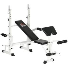 Træningsbænk med vægtstativ, brystpres, benpres, armlæn til biceps curls.