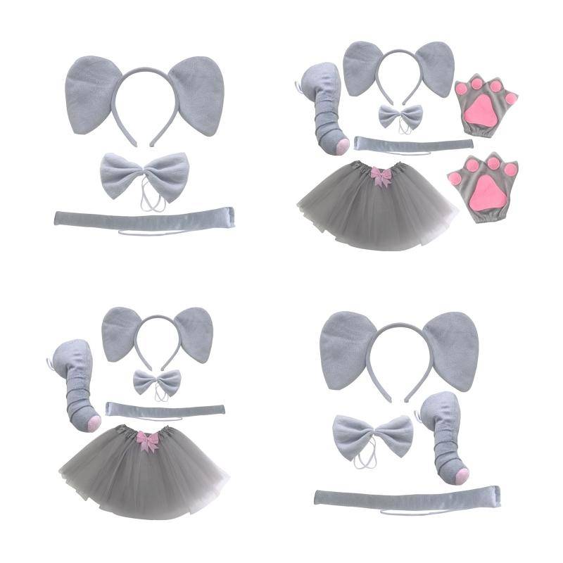 Elefantdräkt Set Elefantöron Näsa Svans Fluga Tüll Djur Maskeraddräkt Kit Tillbehör för Halloween Cosplay M6CD cm