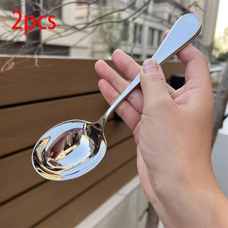 2pcs Stainless Steel Wide Handle Deep Soup Ladle Large Size Noodle And Spoon Large Mouth Soup Spoon Deep Mouth Small Soup Shell Serving Spoon