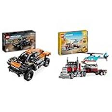 LEGO Technic NEOM McLaren Extreme E Race Car Set, Auto-Spielzeug mit Rückziehmotor & Creator 3in1 Tieflader mit Hubschrauber, Fahrzeuge-Set mit Helikopter- und LKW-Spielzeug