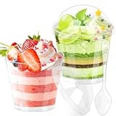 Huanmin 50 stycken dessertskålar engångs 180 ml dessertglas med lock skedar plast dessertskålsset, klara dessertskålar återanvändbara gör-det-själv runda dessertskålar för gör-det-själv desserter,