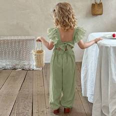 Ung flicka mode enfärgad volanger fåll Jumpsuit - Grön (6Y,7Y,4Y,5Y)
