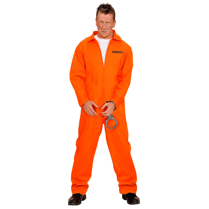 Fængselsdragt kostume orange inkl. håndjern.