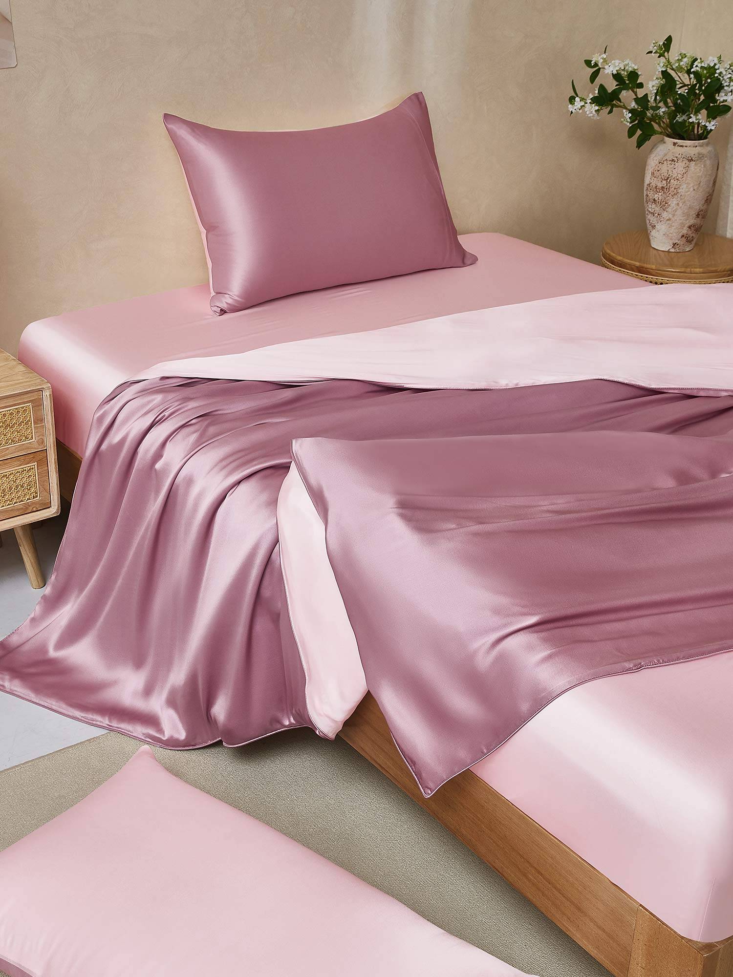 25Momme 4st Siden Sängkläder Set (Påslakan + Dra-På-Lakan + 2x Örngott) - BlekMauve+Ljusrosa / 1.6m Säng