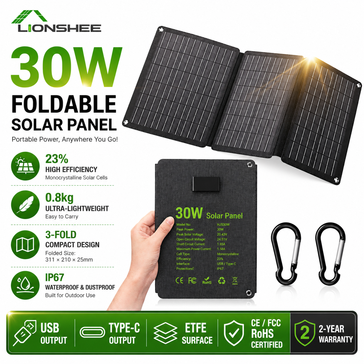 LIONSHEE 30W Foldable Solar Panel Charger - Monocrystalline ETFE Solar Cell with 23% Efficiency, Dual USB & Type-C Outputs, IP67 Waterproof for Camping Hiking RV Outdoor Power Station