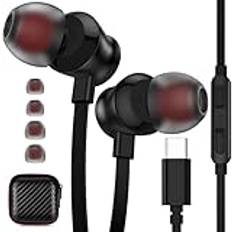 USB C hörlurar för Samsung Galaxy S24 S23 Ultra S23 S22 S21 FE S20 Z Flip 3 4 A55 A54 in-ear hörlurar med mikrofon och volymkontroll, ljudisolering, platt trasselfri, Hi-Fi Stereo