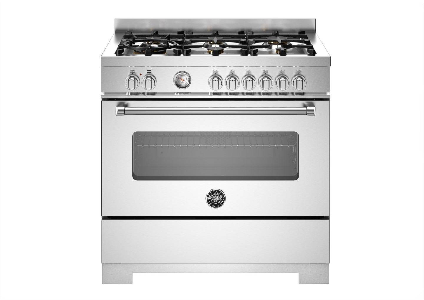 Bertazzoni, Master-serien, Gaskomfur, 90 cm, 6 gasblus, 1 ovn. Rustfrit stål.
