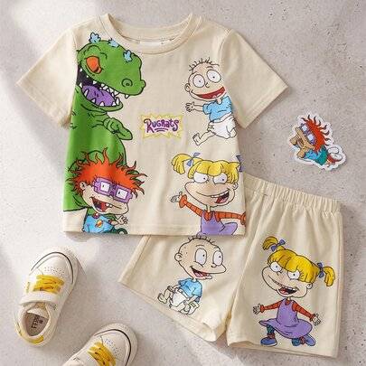 Set med kortärmad T-shirt med rund hals och tecknat tryck samt shorts med tecknat tryck för babypojke - Aprikos (6-9M,9-12M,12-18M,18-24M,2-3Y,3-6M)