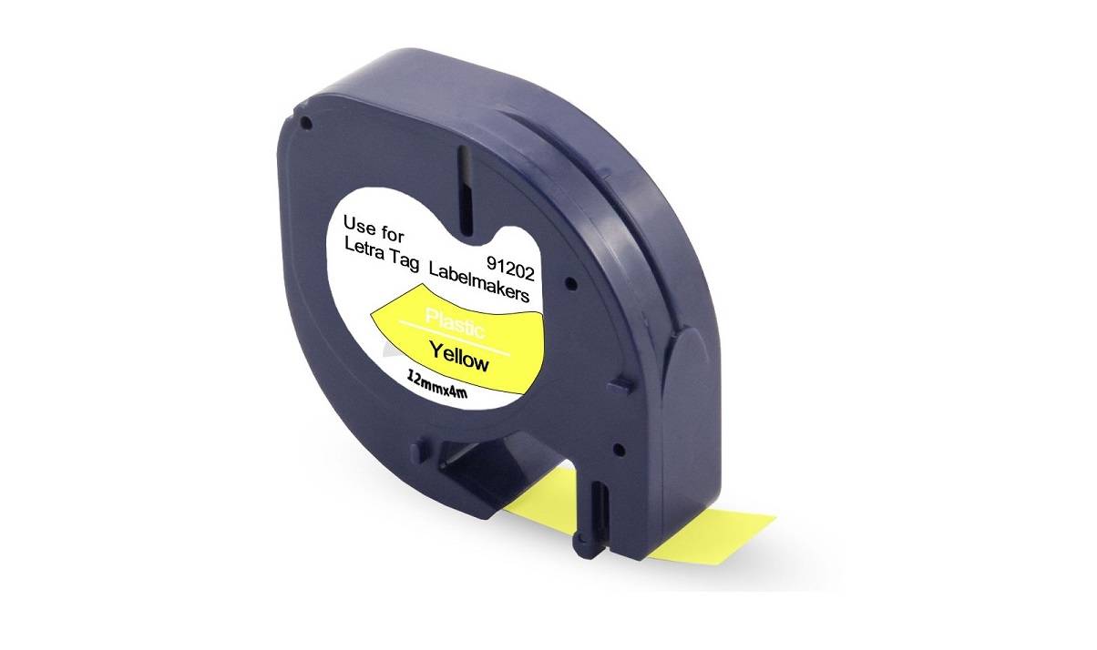 Dymo LetraTAG Tape 91202 sort på Gul plast tape 12 mm x 4 m Kompatibel.