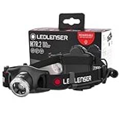 Ledlenser H7R.2 pannlampa LED, laddningsbar med litiumbatteri, kan även användas med 4x AAA-batterier, fokuserbar, 300 lumen, steglöst dimbar, ljusräckvidd 160 m, rött bakljus, USB-laddningskabel