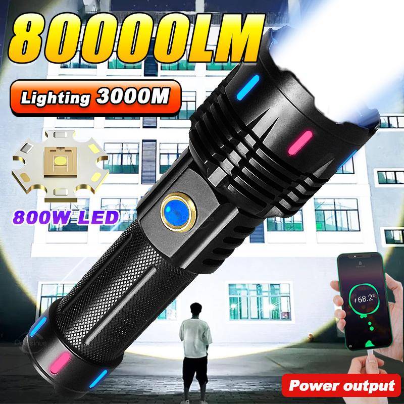 80000LM Ultra kraftfull uppladdningsbar ficklampa 800W LED High Power LED-ficklampa 3000M Long Range Torch Tactical Lantern svart