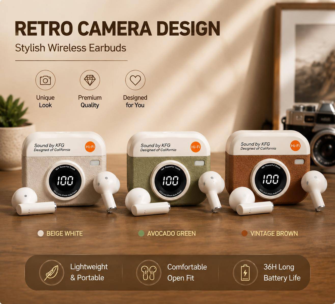 Q86 Trådlösa Bluetooth-hörlurar Retro TWS HiFi Stereo LED-display Vattentäta Brusreducering brun