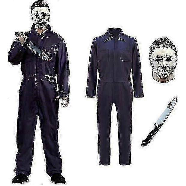 Halloween-vuxenkostym med mask och tillbehörskniv för läskiga cosplay-utstyrslar cm black