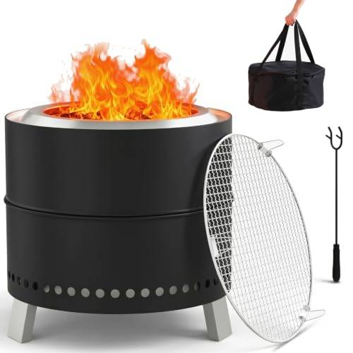 TLSUNNY Rökfri Eldskål i Rostfritt Stål 50cm, Bärbar Utomhus Eldstad | Trädgård Eldkorg med Grillgaller, Poker, Bärväska, Outdoor Smokeless Fire Pit, Eldtunna för Camping, Terrass, Bakgård