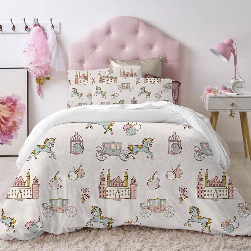 Härligt Prinsessa barn Sängklädesset 150x200 Slott Påslakan Örngott Sängöverkast För Flickor Twin Enkel Storlek Täcke 200x200 140x210cm 2pcs