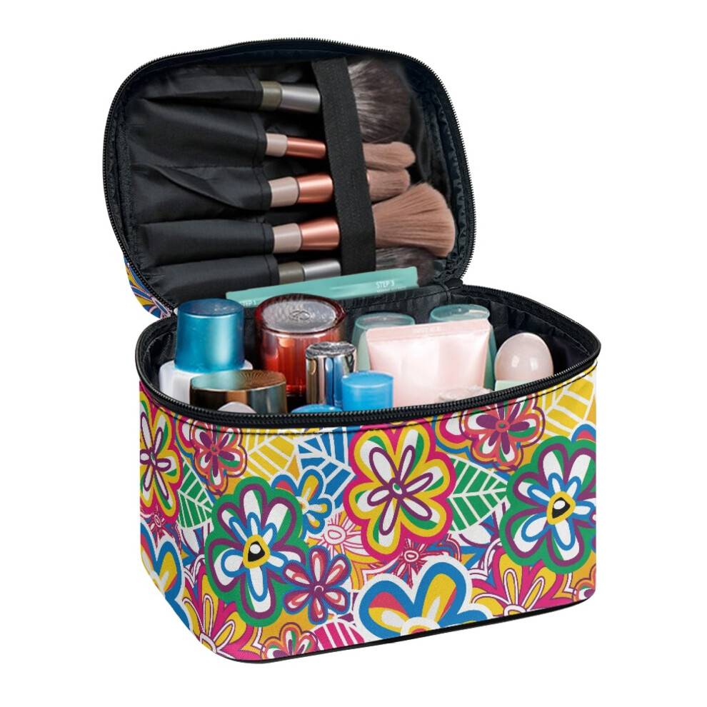 Retro Pop Art Blomstermønstre Makeuptasker med Børstehuller Multifunktionelle Rejsetasker Kvinder & Herrer Polyester Vid Åben Bærbar Pung