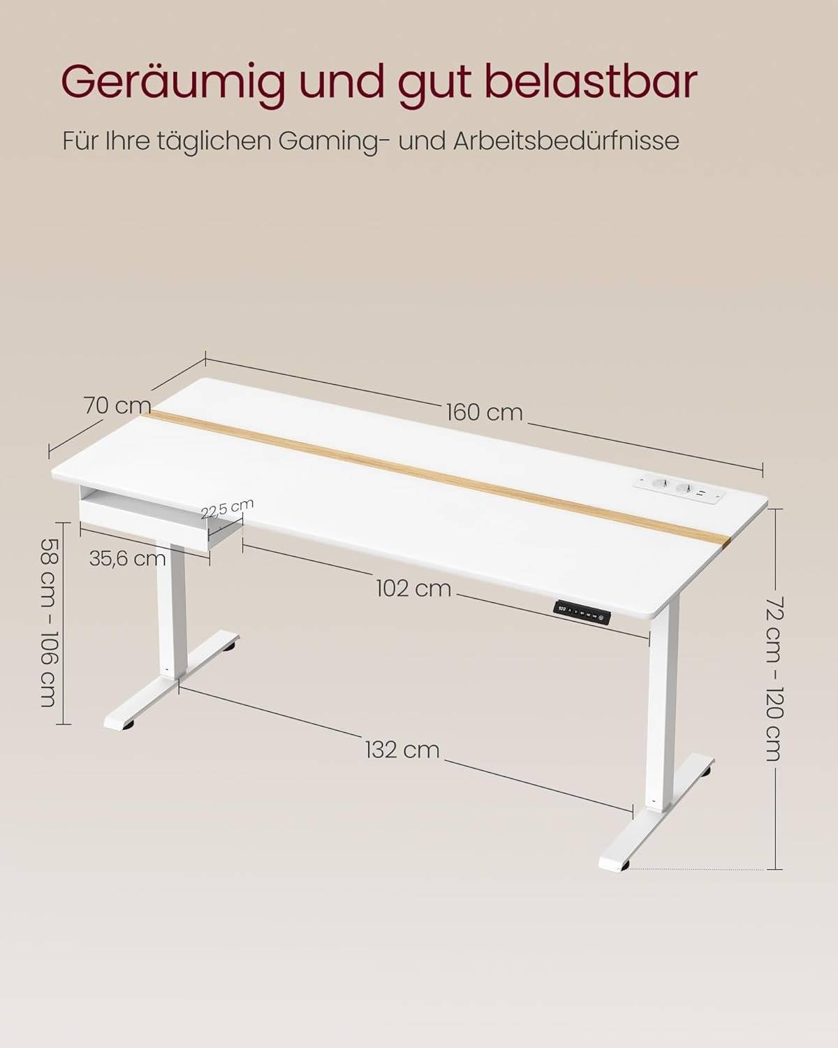VASAGLE LSD114N01 Height-Adjustable Electric Desk with Socket and Drawer, 60 x 140 cm Table Surface, Smoothly Adjustable, Memory Function with 4 Heigh