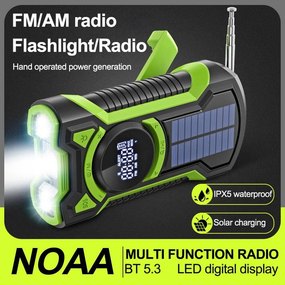 Handvevad Solcellsdriven Radio Bärbar AM/FM/NOAA Väderradio med LED-ficklampa Bluetooth 5.0 Högtalare Nödradio