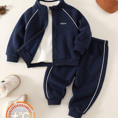 2 st/set för babypojke höst/vinter, söt casual grå sweatshirt med ståkrage och långbyxor med elastisk midja, ytterklädesset, sportklädesset, höst/vint - Marinblå (6-9M,9-12M,12-18M,18-24M,2-3Y,3-6M)