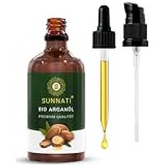 Sunnati® Bio arganolja kallpressad för ansikte, hud och hår 100 ml – ekologisk arganolja – hårolja utan silikon, 100 % ren & vegan – glasflaska med pipett och pump