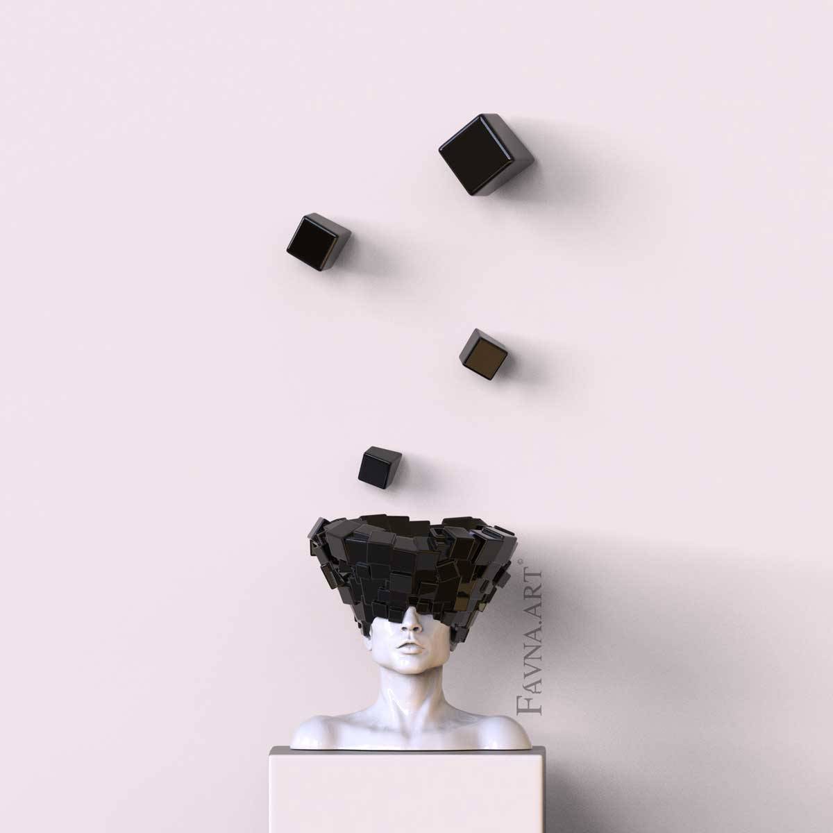 Male Wall Art Sculpture Composition “Thoughts” – Black - With 4 wall-mounted cubes