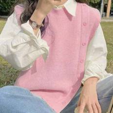 Dam Rundhalsad Slit Lång Cardigan Stickad Tröja Väst - Rosa (L,M,S,XL)