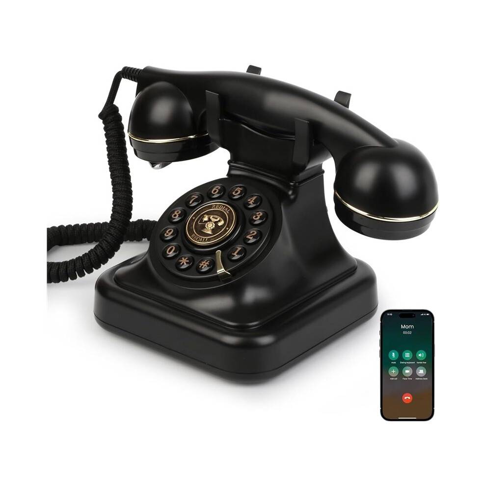 Black Retro Phone with Speakerphone USB Rechargeable Home Landline Telephone Hands Free Calling Music Playback
