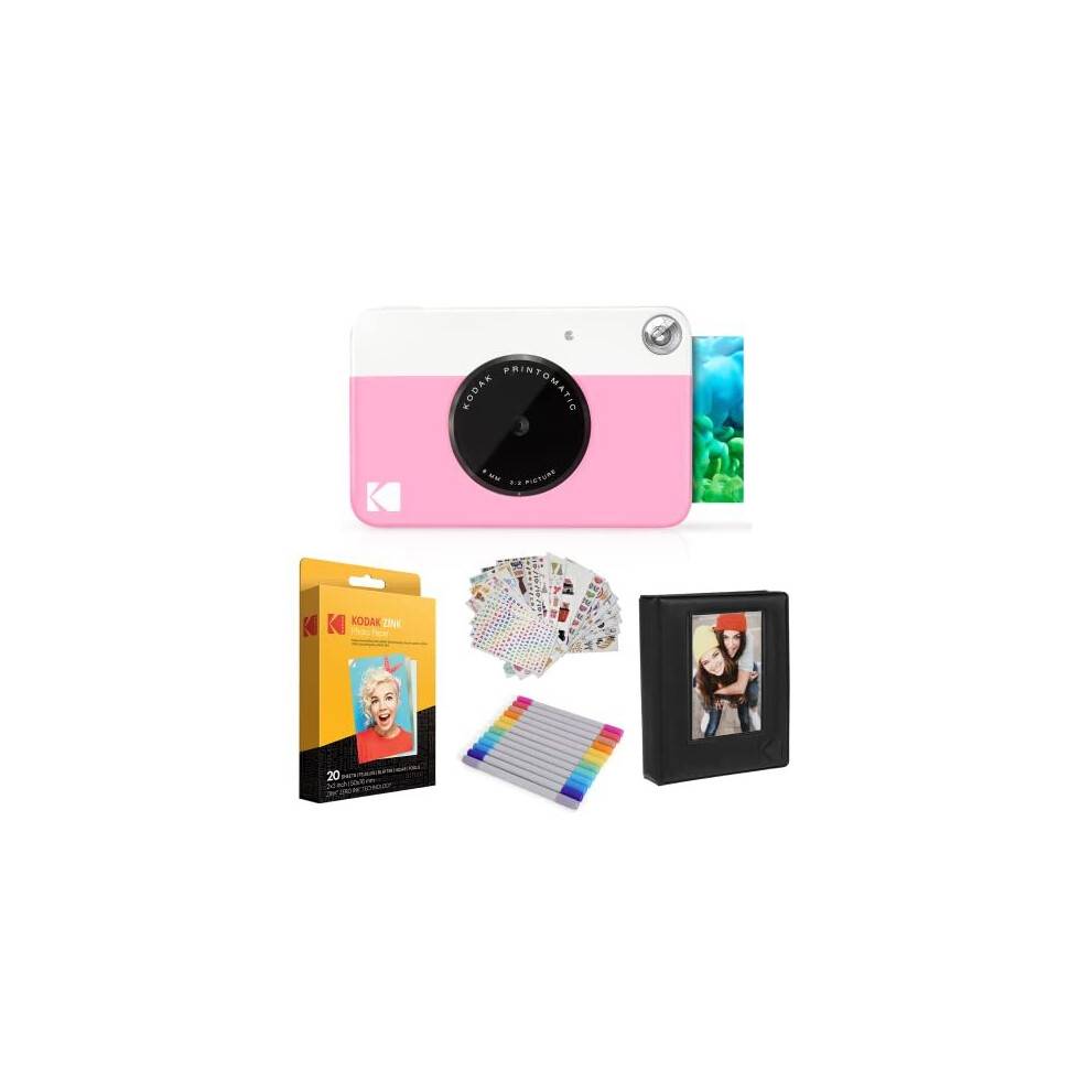 Kodak Printomatic Instant Camera (Pink) Gift Bundle Zink Paper (20 Sheets) Deluxe Case 7 Fun Sticker SetS Twin Tip Markers Photo Album.
