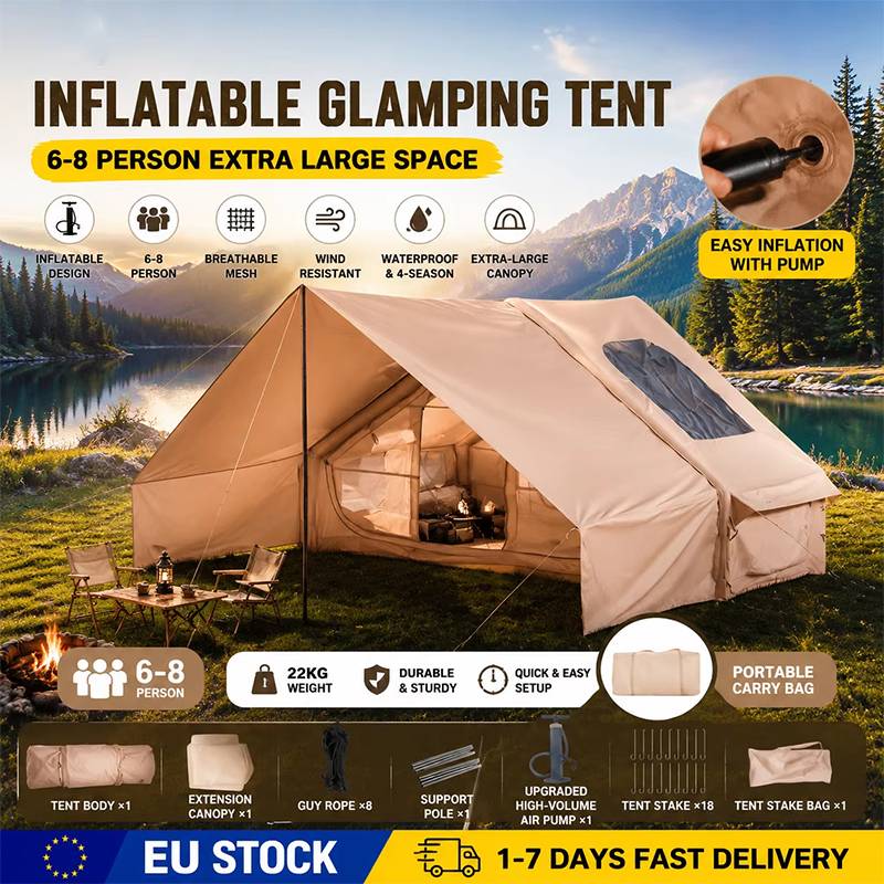 6-8-Person Inflatable Glamping Tent | Green Windproof Tent with Mesh Windows, Hand Pump, Easy Setup 4-Season Cabin, Extra-Large Canopy Living Room, Suitable for Outdoor Camping and Luxury Retreat