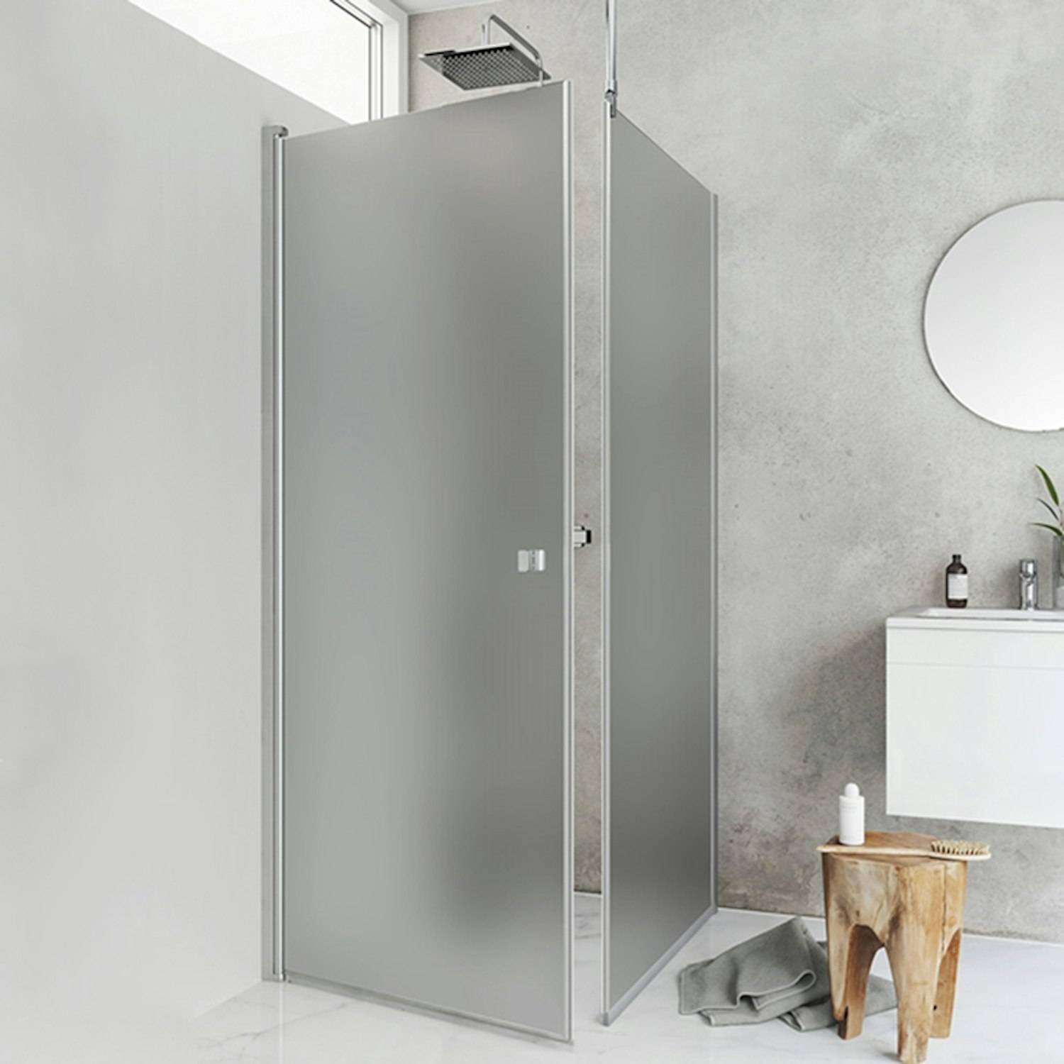 Duschhörna Hafa Igloo Pro ST Profil: Aluminium, Dörr: Frostat glas/Vägg: Frostat glas, Rak Dörr 885 + Fast Vägg 985