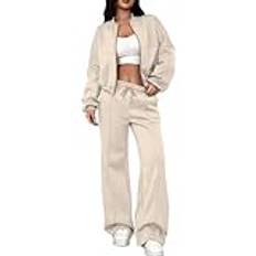 biJerou Sportdräkt för kvinnor sweatsuit set zip sweatshirt säckig fall mode sweatpants med fickor, Beige, XXL