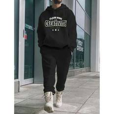 New Autumn Men's Casual Hoodie Set, Letter Print Pullover Hoodie And Drawstring Waist Pants - Black - L,M,XL,XXL,XXXL