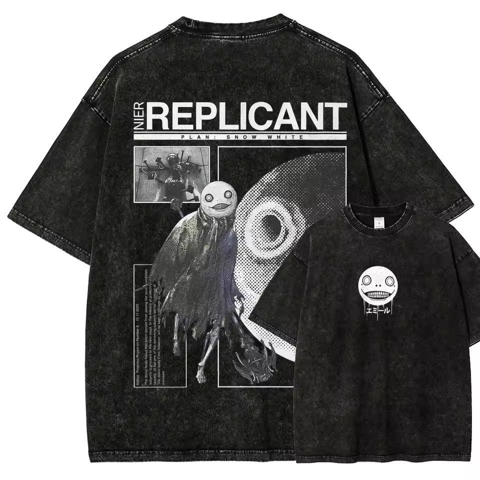 Nier Automata Tvättad Grafisk T‑shirt Överdimensionerad Unisex Retro Mode Street Casual Klassisk Lös Bomull Vardagsplagg Toppar cm black