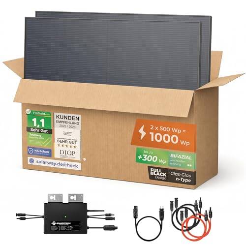Solarway® 1000W Balkonkraftwerk 800W komplett Steckdose - neuester 800 Watt Wechselrichter - Solaranlage Komplettset - 500W bifaziale Solarmodule & Envertech & Zubehör