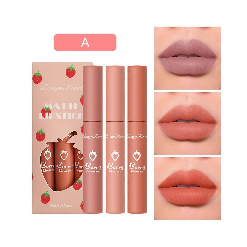 (Matches the image) 3pcs Lip Gloss Set Strawberry Set Box Velvet Fog Matte Lip Glaze Lipstick Lip Gloss Women's Non-stick Cup Cute Set