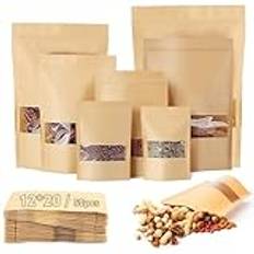 50 stycken kraftpapperspåsar 12 x 20 cm papperspåsar bruna förslutningsbara påsar återanvändbara papperspåsar med fönster kraftpapperspåsar för nötter kaffebönor teblad godis snacks