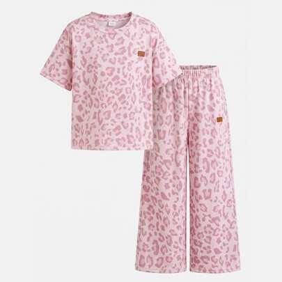 Set för ung flicka, vår/sommar, söt casual minimalistisk rosa leopardmönstrad lös kortärmad T-shirt + långbyxor, casual hemma- och streetmode, rund ha (6Y,7Y,8Y,4Y,5Y)