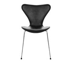 Fritz Hansen - Series 7 stol 3107 forsidepolstret læder stålstel krom Essential black/Black - Spisebordsstole - Arne Jacobsen - Sort - Metal/Træ